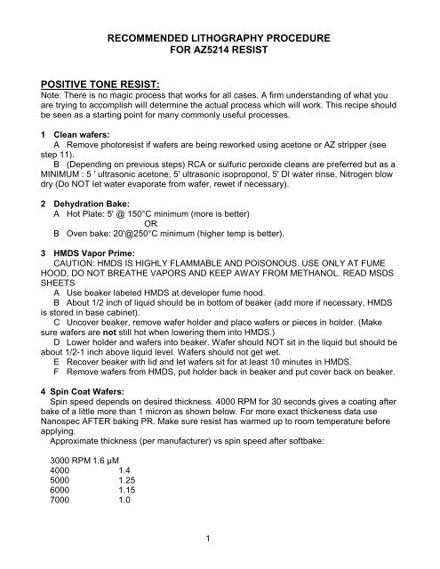 recommended lithography procedure for az5214 resist positive tone ...