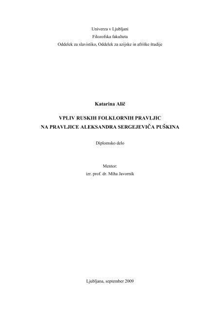 Vpliv ruskih folklornih pravljic na pravljice Aleksandra Sergejeviča ...