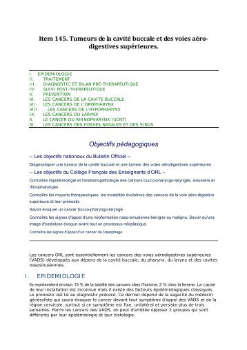 Item 145. Tumeurs de la cavité buccale et des voies ... - ORL France