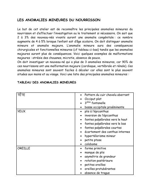 Les Anomalies Mineures Du Nourrisson Les Anomalies Mineures Du Nourrisson