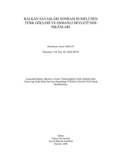 Balkan Savaşları Sonrası Rumeli'den Türk Göçleri ve Osmanlı