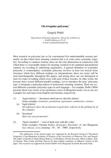 On irregular polysemy* Gergely Pethő