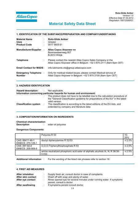 Material Safety Data Sheet Atlas Copco
