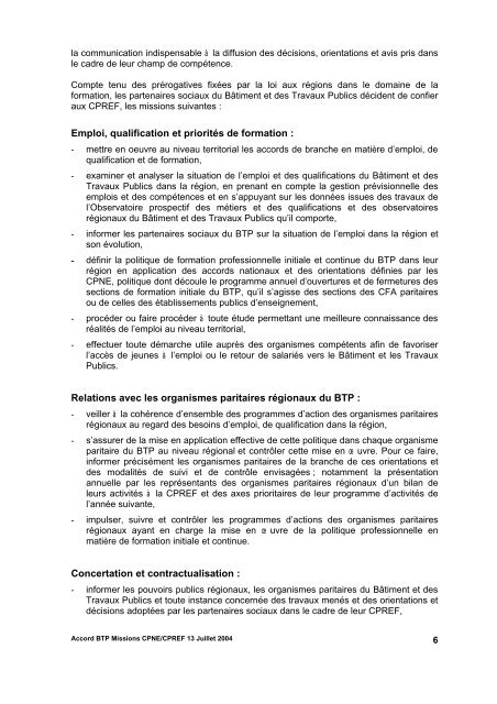accord sur les missions des CNPE et CPREF (13 juillet 2004)