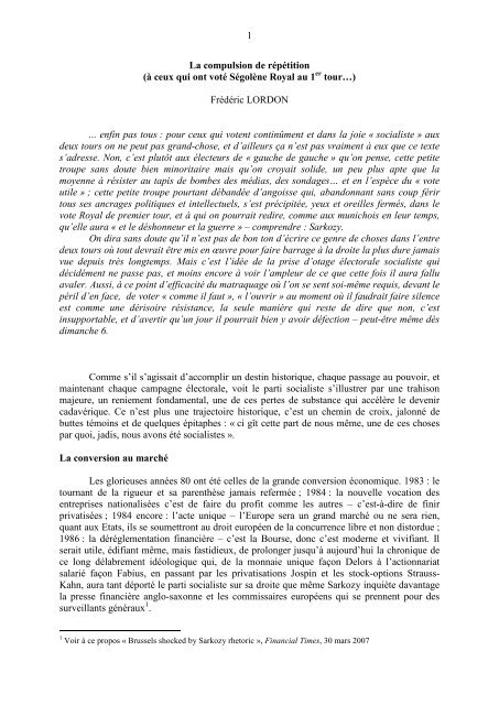 1 La compulsion de répétition (à ceux qui ont voté ... - Frédéric Lordon