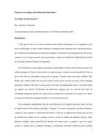 Putnam et la critique de la dichotomie fait/valeur - Antoine C. Dussault