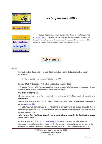 Les brefs de mars 2013 Informations - Académie d'Aix-Marseille