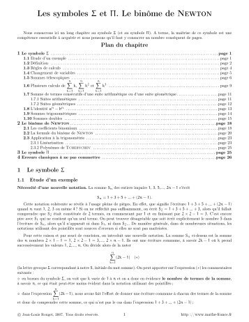 Les symboles Σ et Π. Le binôme de Newton - Maths-france.fr