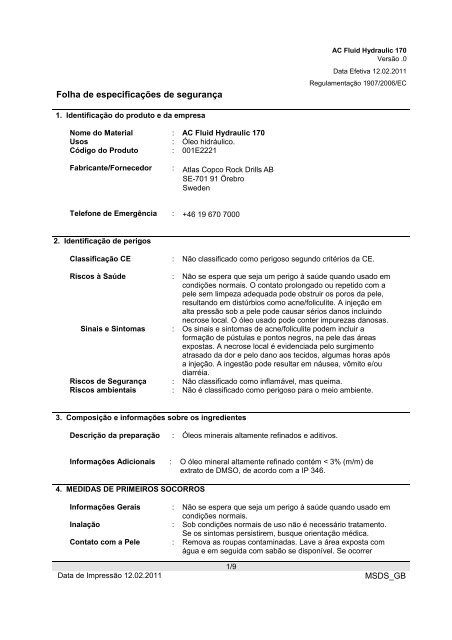 Folha de especificações de segurança - Atlas Copco