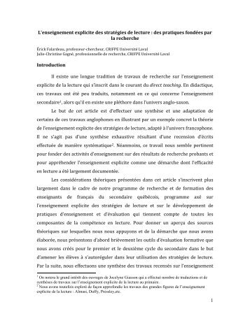 1 L'enseignement explicite des stratégies de lecture - Portail pour l ...