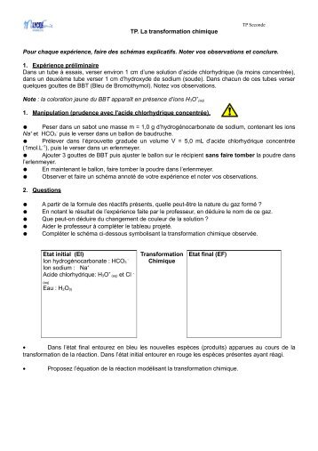 TP. La transformation chimique Pour chaque expérience, faire des ...