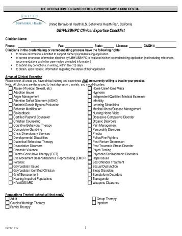 UBH/USBHPC Clinical Expertise Checklist - Ubhonline.com