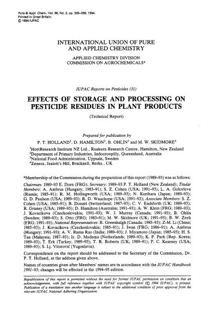 Effects Of Storage And Processing On Pesticide Residues In Iupac