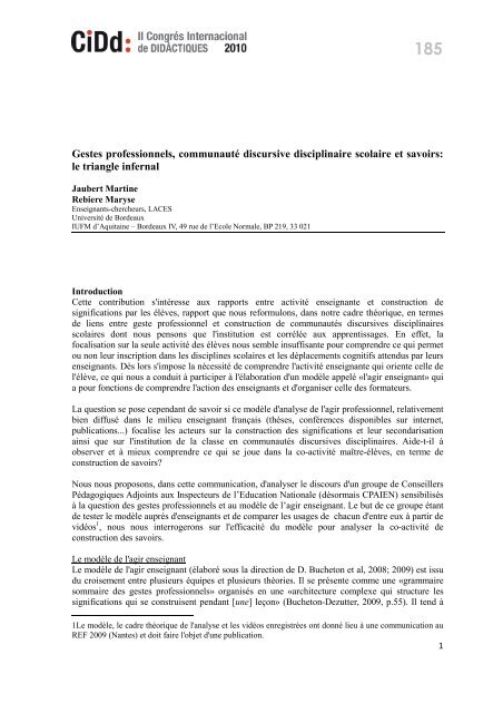 Gestes professionnels, communauté discursive disciplinaire scolaire ...