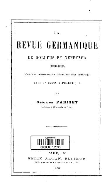 La Revue Germanique de Dollfus et Nefftzler, 1858-1858