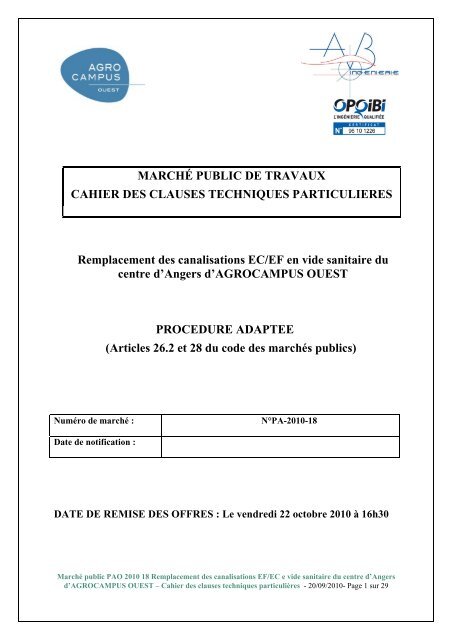 Cahier des clauses techniques particulières (CCTP) - Agrocampus ...