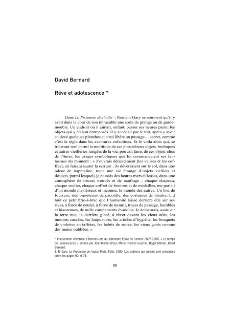 David Bernard Rêve et adolescence * - Ecole de Psychanalyse des ...