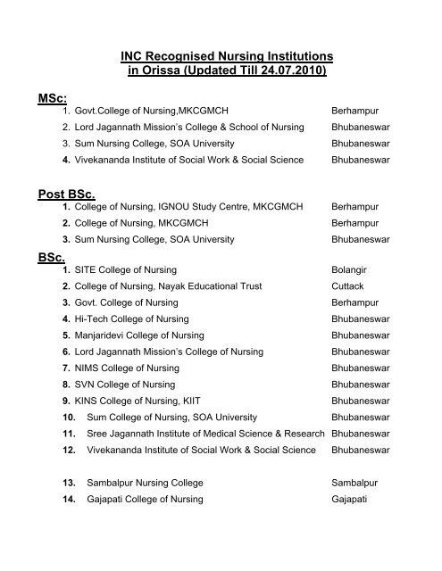 INC Recognised Nursing Institutions in Orissa (Updated Till 24.07 ...