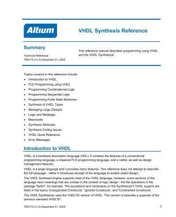 VHDL Synthesis Reference - Altium