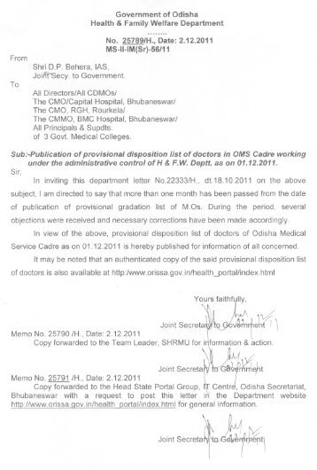 Provisional disposition list of Doctors in OMS Cadre as on 01.12.2011