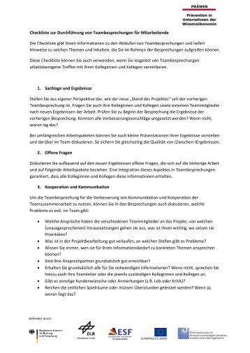 Checkliste zur Durchführung von Teambesprechungen für ...