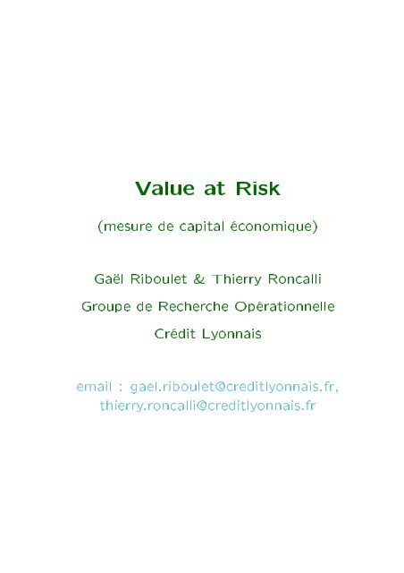 Value at Risk - Thierry Roncalli's Home Page