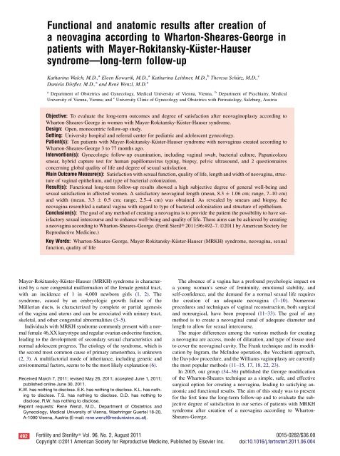 Functional and anatomic results after creation of a neovagina ...