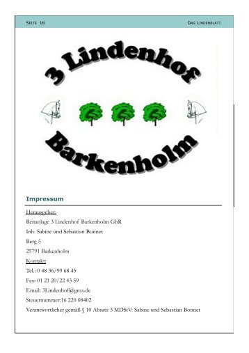 Herausgeber: Reitanlage 3 Lindenhof Barkenholm GbR Inh. Sabine ...