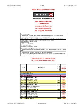 Millet Kunden Preisliste Sommer 2009 - 3DAK