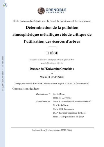 Détermination de la pollution atmosphérique métallique: étude ...