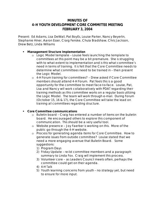 minutes of 4-h youth development core committee meeting february ...