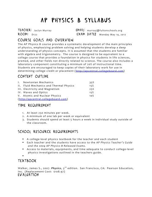 AP PHYSICS B SYLLABUS - Chattahoochee High School