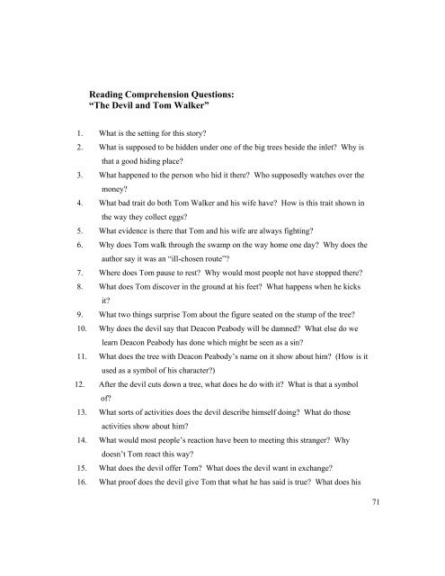 Reading Comprehension Questions: “The Devil and Tom Walker”