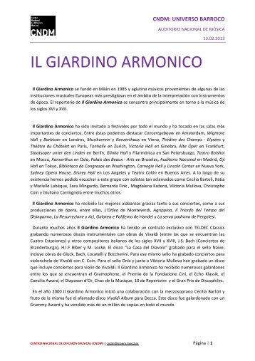 Biografía Il Giardino Armonico - Centro Nacional de Difusión Musical