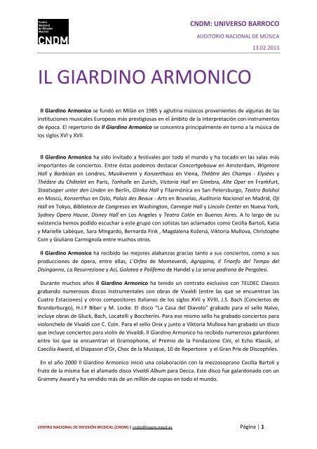 Biografía Il Giardino Armonico - Centro Nacional de Difusión Musical