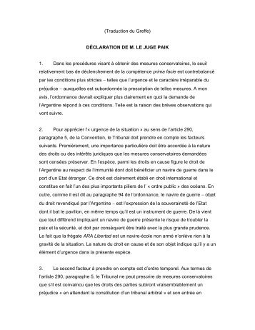 (Traduction du Greffe) DÉCLARATION DE M. LE JUGE PAIK 1 ...