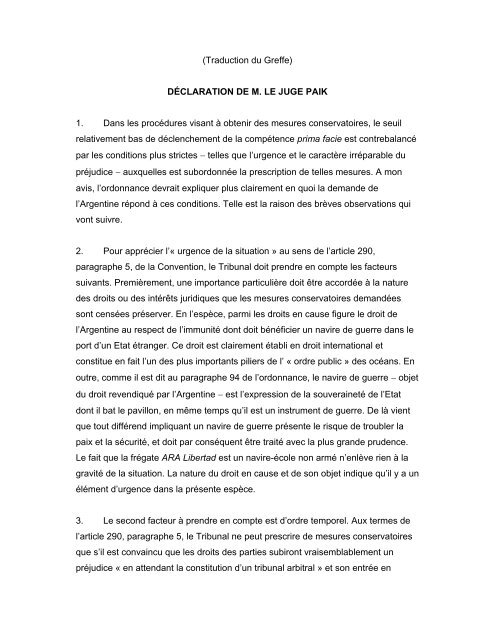 (Traduction du Greffe) DÉCLARATION DE M. LE JUGE PAIK 1 ...