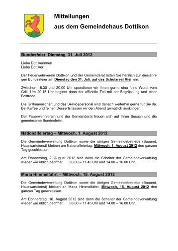 Mitteilungen aus dem Gemeindehaus Dottikon - Gemeinde Dottikon