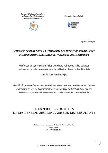 L'expérience du Bénin en matière de gestion axée sur les ... - cafrad