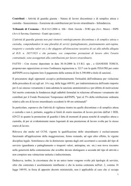 Contributi - Attività di guardia giurata - Natura di lavoro discontinuo e ...