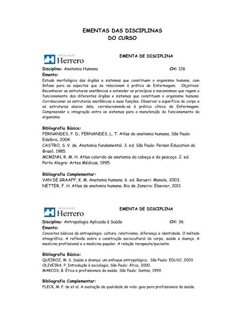 EMENTAS DAS DISCIPLINAS DO CURSO