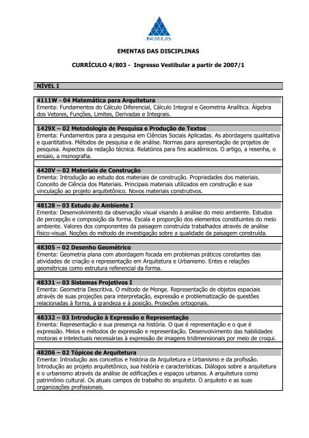 Ementas das disciplinas grade nova 2011