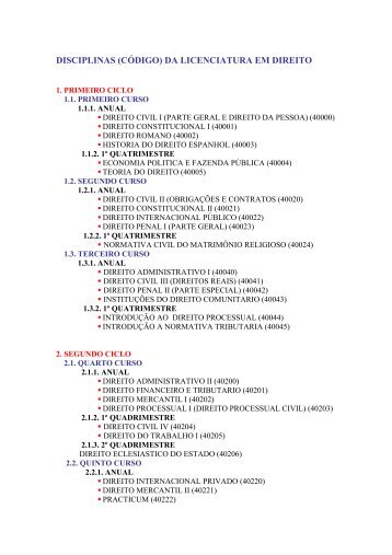 DISCIPLINAS (CÓDIGO) DA LICENCIATURA EM DIREITO