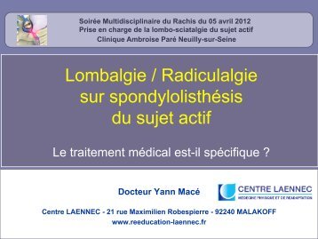 Lombalgie / Radiculalgie sur spondylolisthésis du sujet actif - Centre ...