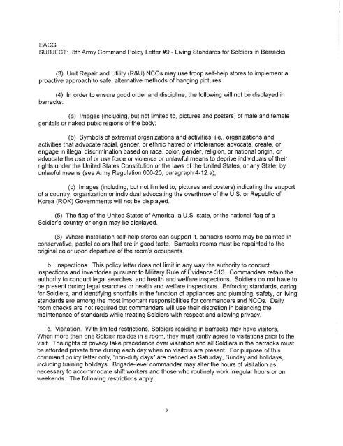 8th Army Policy Letter #9 – Living Standards for Soldiers in Barracks