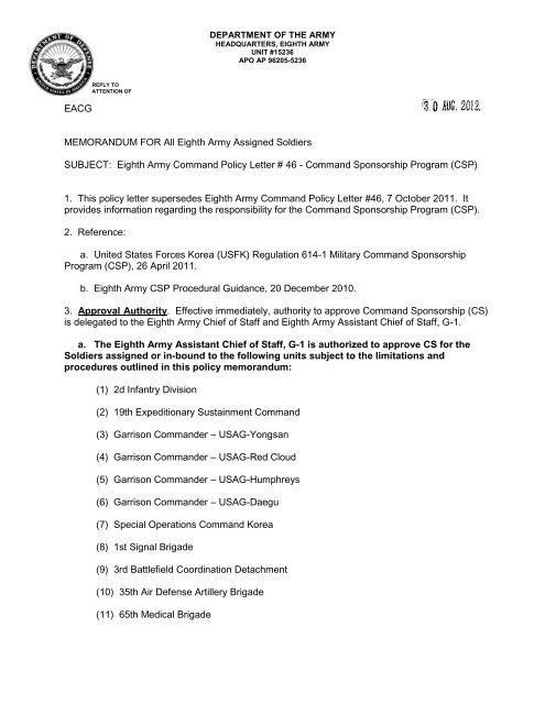 8th army policy letter 46 command sponsorship eighth army