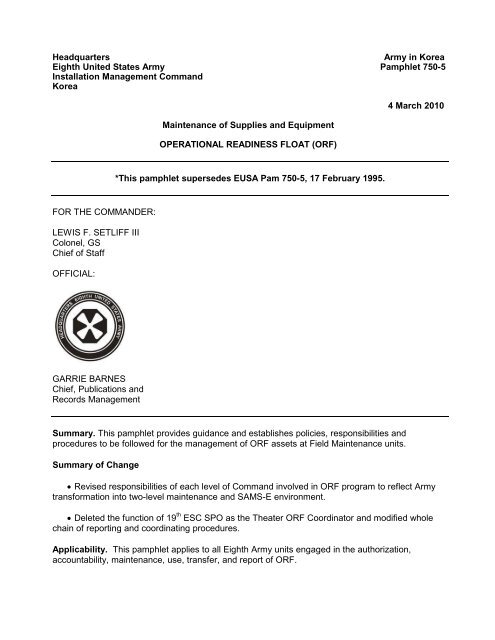 Ak Pam 750 5 Operational Readiness Float Pdf Eighth Army U S