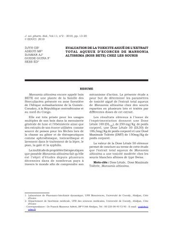 EVALUATION dE LA TOXICITE AIgUË dE L'EXTRAIT TOTAL ...