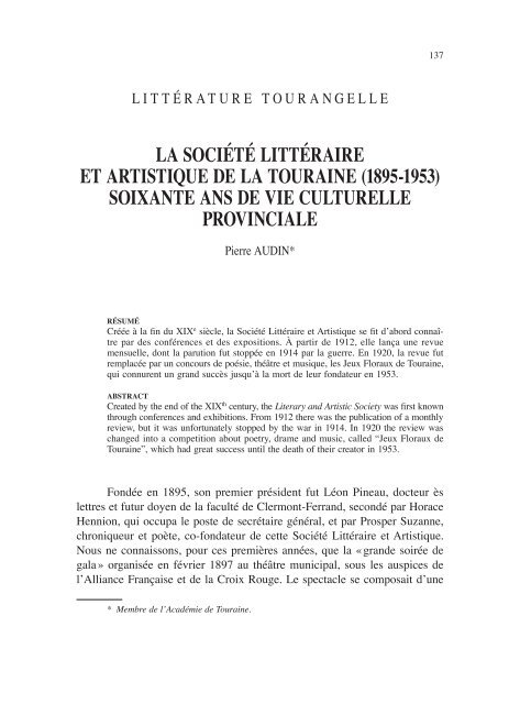 la société littéraire et artistique de la touraine - Académie de Touraine