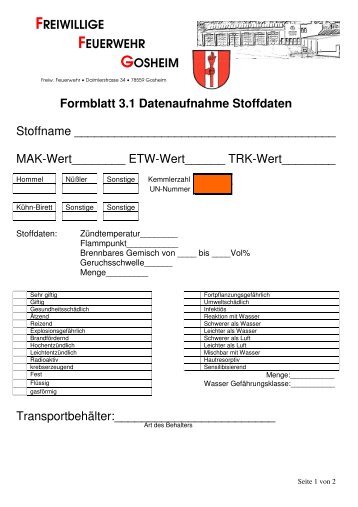 Formblatt 3.1 Datenaufnahme Stoffdaten Stoffname ... - ABC-Gefahren